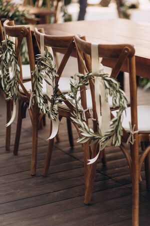 Boho wedding chair with eco decor for guests.の写真素材