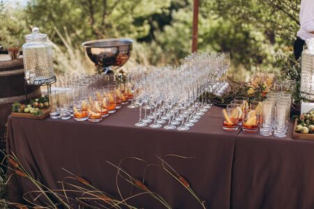 Boho wedding table with eco decor for guests.の写真素材