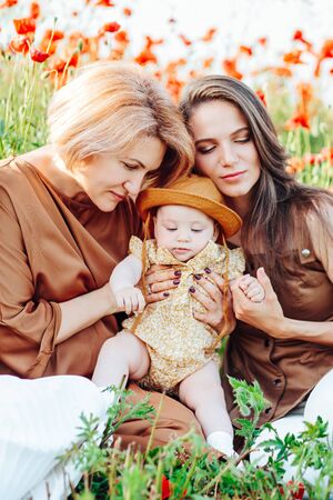 Happy family with baby child baby walk in nature.