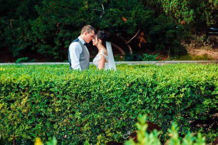 The guy and the girl are smiling at each other. Classic young wedding couple.の写真素材