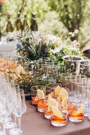 Boho wedding table with eco decor for guests.の写真素材