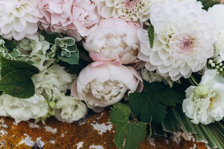 Wedding asymmetric bouquet of eustoma, peonies, dahlias, hydrangeas.の写真素材