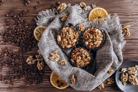 Sweet basket cake with condensed milk and nuts. Homemade baking.の写真素材