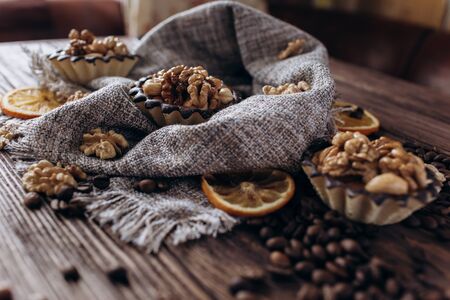Sweet basket cake with condensed milk and nuts. Homemade baking.の写真素材