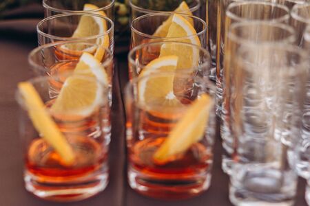 Wedding party with alcohol, whiskey, lime at the wedding.の写真素材