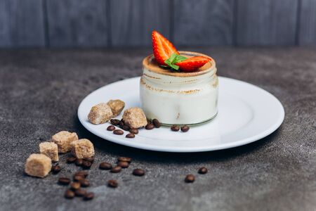 Panakota fresh cream dessert with strawberries and chocolate.の写真素材