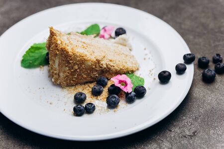 Slice of honey cake on plate decorated with berries on a gray background.の写真素材