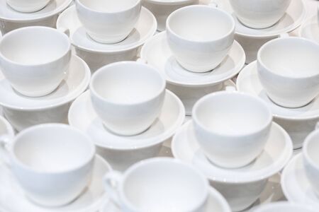 A lot of white cups for coffee. Catering.の写真素材