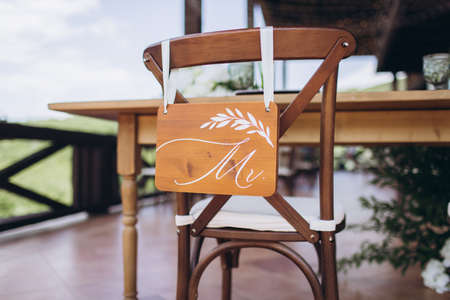 Boho wedding chair with eco decor for guests.の写真素材