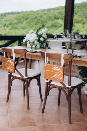 Boho wedding chair with eco decor for guests.の写真素材