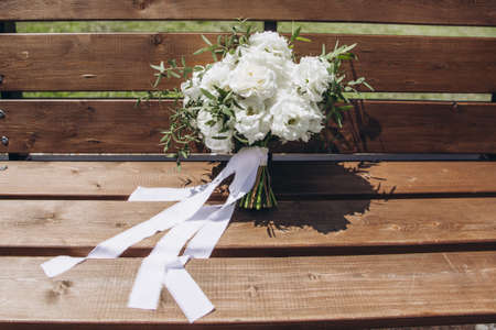 White bridal bouquet of peonies and roses. Scenery for the wedding.の写真素材