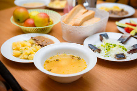 Traditional food in Russia. Soup, herring and potatoes. Russian national food.の写真素材
