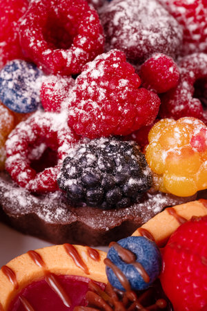 Fresh cake with raspberries in powdered sugar. Dessert in a cafe for breakfast.の写真素材