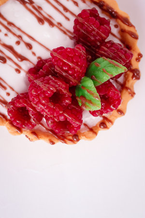 Fresh cake with raspberries in powdered sugar. Dessert in a cafe for breakfast.の写真素材