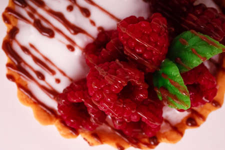 Fresh cake with raspberries in powdered sugar. Dessert in a cafe for breakfast.の写真素材