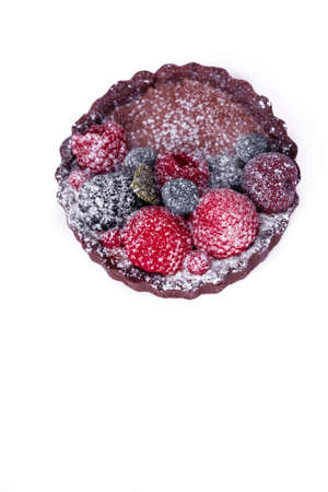 Fresh cake with raspberries in powdered sugar. Dessert in a cafe for breakfast.の写真素材