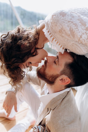 Bride and groom are kissing. Eco wedding in bogo and lifestyle.の写真素材