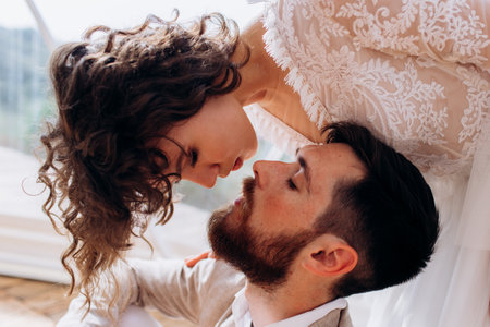 Bride and groom are kissing. Eco wedding in bogo and lifestyle.の写真素材