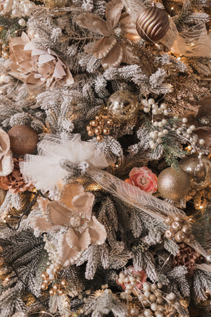 New Year tree with silver balls and bows. New Years and Christmas.の写真素材