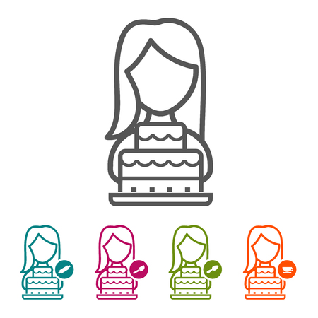 Vector woman with birthday cake icons in thin line style and flat design.のイラスト素材