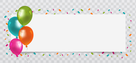 Balloons with streamers and white Paper free Space. Transparent background. Birthday, Party and Carnival Vector.のイラスト素材