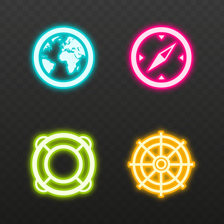 Neon effect line icon set. Earth globe, compass, lifebuoy and rudder symbol. Trend neon designのイラスト素材
