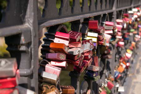 Love locks padlocks on a bridge in Hamburg, Germanyのeditorial素材