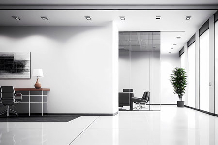 Office lobby interior with blank white wall. generative ai.の素材