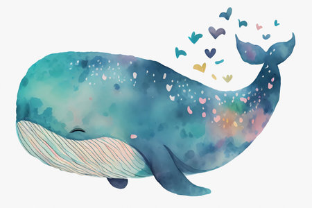 Watercolor cute whale drawing. Generative AI design.の素材