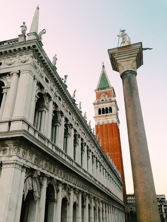 Interesting view of the Piazza San Marco, the Campanile and the St. Theodore column in veniceのeditorial素材