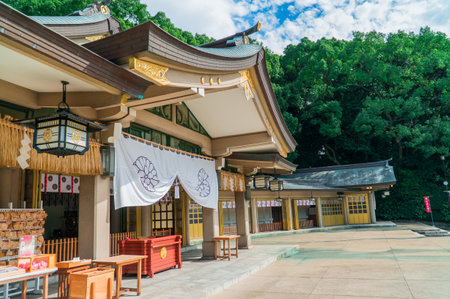 Beautiful shrine in fukuoka city with nice sky backgroundのeditorial素材