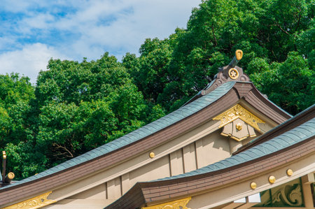 Roof of beautiful shrine in fukuoka city with nice sky backgroundのeditorial素材
