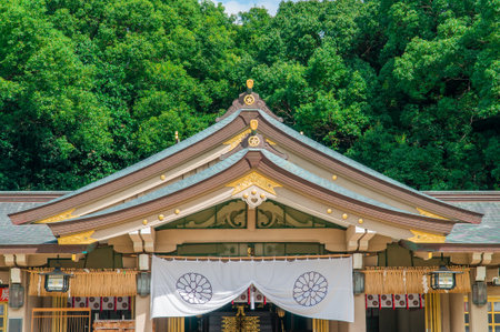 Roof of beautiful shrine in fukuoka city with nice sky backgroundのeditorial素材