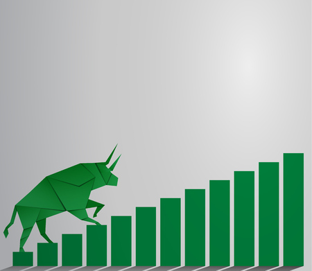 Origami Bull paper art and green bar paper art for stock market vector and illustrationのイラスト素材
