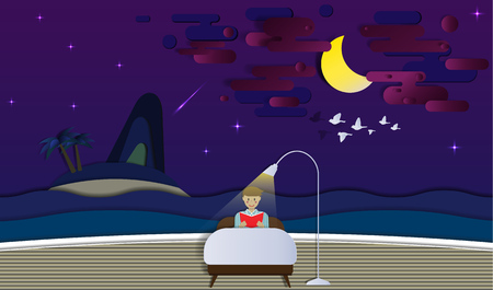 Bedtime and reading book time in the night feeling like on the beach  paper cut style vector illustrationのイラスト素材