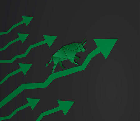 Origami Bull paper art and green arrow paper art for stock market vector and illustrationのイラスト素材