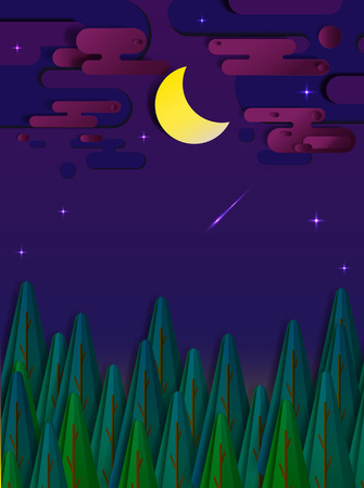 The forest and the wood  in the night with shiny star and the moon paper cut style vector illustrationのイラスト素材