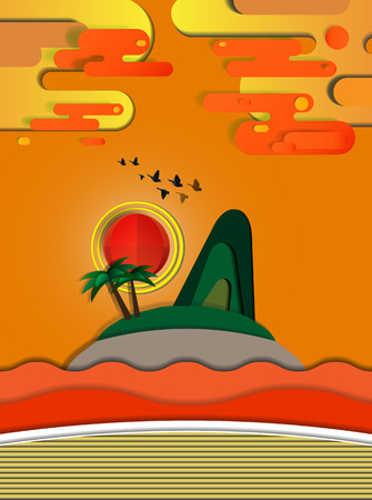 Sunset on island and the beach paper cut style vector illustrationのイラスト素材