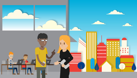 Business People Group Workplace Office Work Laptop Computers in City Flat Vector Illustration.のイラスト素材