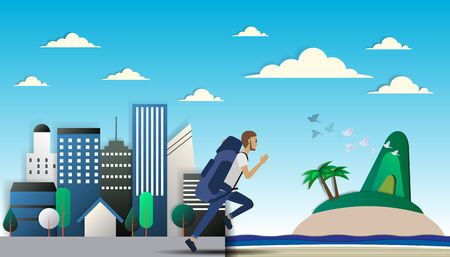 Man run out of city to the beach paper art vector illustrationのイラスト素材