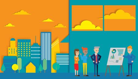 Casual Business People working in the city Presentation Flip Chart Finance; Business people Team Training Conference Meeting Flat Vector Illustration.のイラスト素材