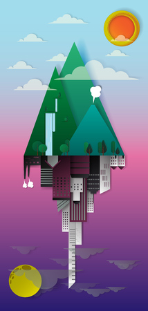 Mountain and city, Day and Night reflection paper art vectroillustrationのイラスト素材