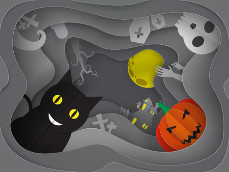 Beautiful Halloween paper art 3d background vector illustrationのイラスト素材
