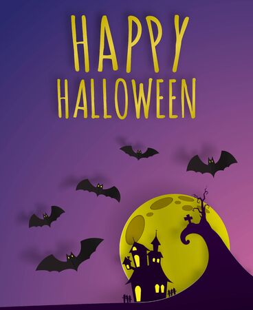 Happy Halloween paper art 3d with bat and moon vector illustrationのイラスト素材