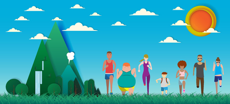 Everybody can run use for running, fun run,mini marathon run,marathon run,half marathon run, charity run and trail run illustration and vector setのイラスト素材