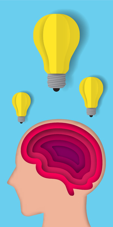 Paper art brain layer cut with idea lightbulb vector illustration