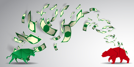 Bull and Bear paper art and red bar paper art for stock market vector and illustrationのイラスト素材