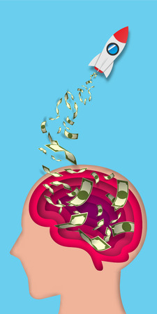 Paper art style with brain, money and rocket vector illustration