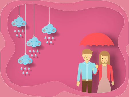 Young Couple in love under umbrella on hearts decorated background, Vector for Happy Valentine's Day celebration.のイラスト素材