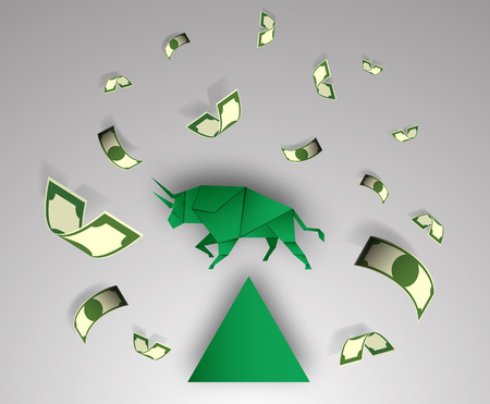 Bull paper art with money for stock market vector and illustrationのイラスト素材